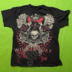 Y2K Decoded Winged Fury Skull Spade Graphic T-Shirt Mens Large Black USA